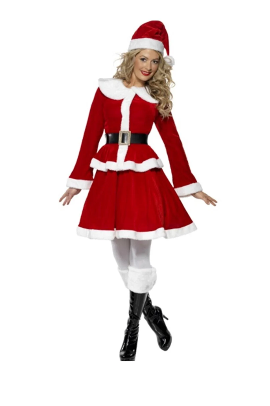 Kadın Polar Kumaş Etekli Noel Anne Kostümü