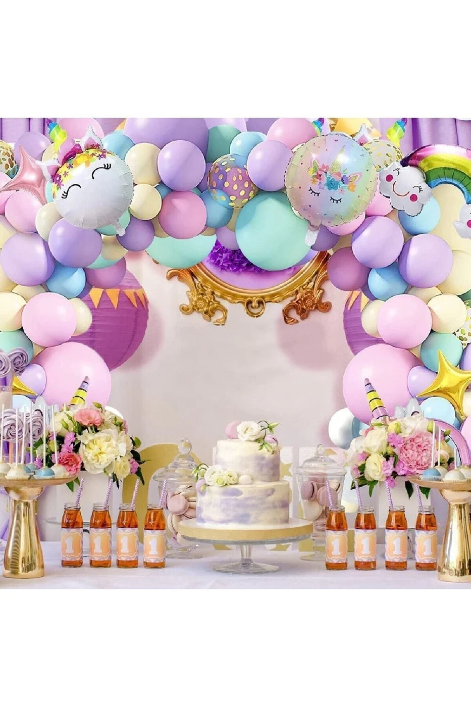 1 Yaş Ve 4 Harfli Gökkuşağı Konsepti Unicorn Temalı Makaron Balon Doğum Günü Parti Kutlama Seti gorsel 2
