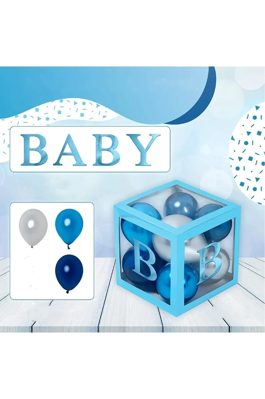 4 Kutu Baby Yazılı Şeffaf Kutu Harf Mavi 25 Cm Balon Hediyeli gorsel 2