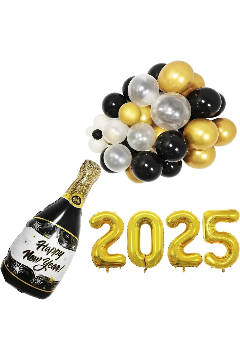 2025 Yılbaşı Partisi Malzemeleri 2025 Balonları,SiyahAltınveBeyaz Happy New Year Şişeli Yılbaşı Süsü