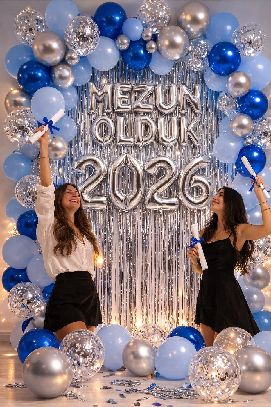 Premium Mavi Gümüş Mezuniyet Parti Seti 2026 Mezun Olduk Arka Fonlu Balon Zincirli Konsept gorsel 2