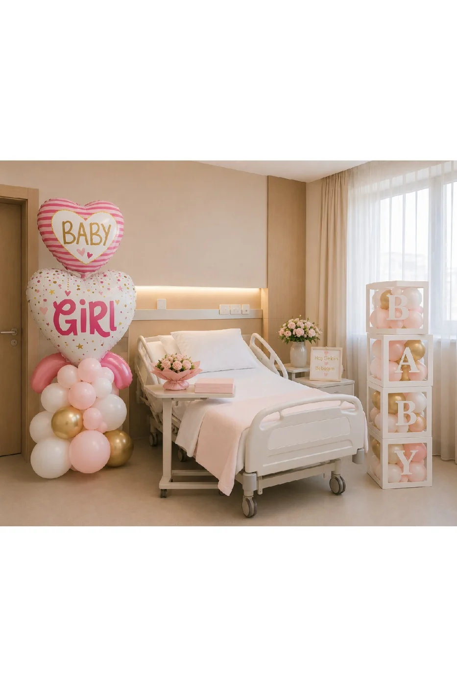 Baby Girl Hastane Odası Süsleme Seti – Hoş Geldin Bebek Kız Balon Dekorasyon Seti | BABY Kutu, Balon Standı ve Balon Zinciri gorsel 2
