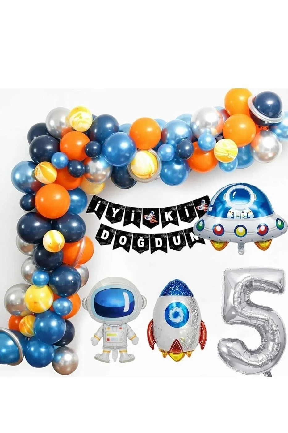 Uzay Temalı Doğum Günü Seti 5 Yaş; 4 Adet Folyo, 50 Lateks Balon, Banner, Balon Zinciri, Balon Bandı gorsel 2