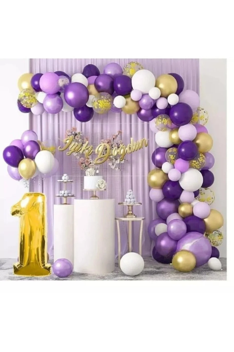 Pullu Balonlu 36 Cm 1 Yaş Macaron Mor Balon Zinciri Seti Gölge Mor Altın Balon Dekorasyon gorsel 2