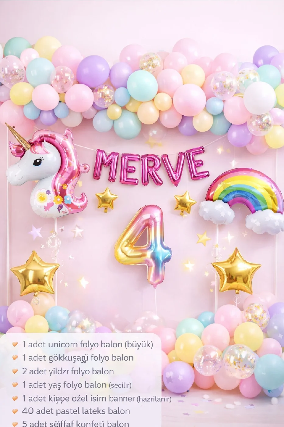 5 Harfli Kişiye Özel Unicorn Doğum Günü Süsü Pastel Balon Zinciri Gökkuşağı Unicorn Balon Parti Seti gorsel 2