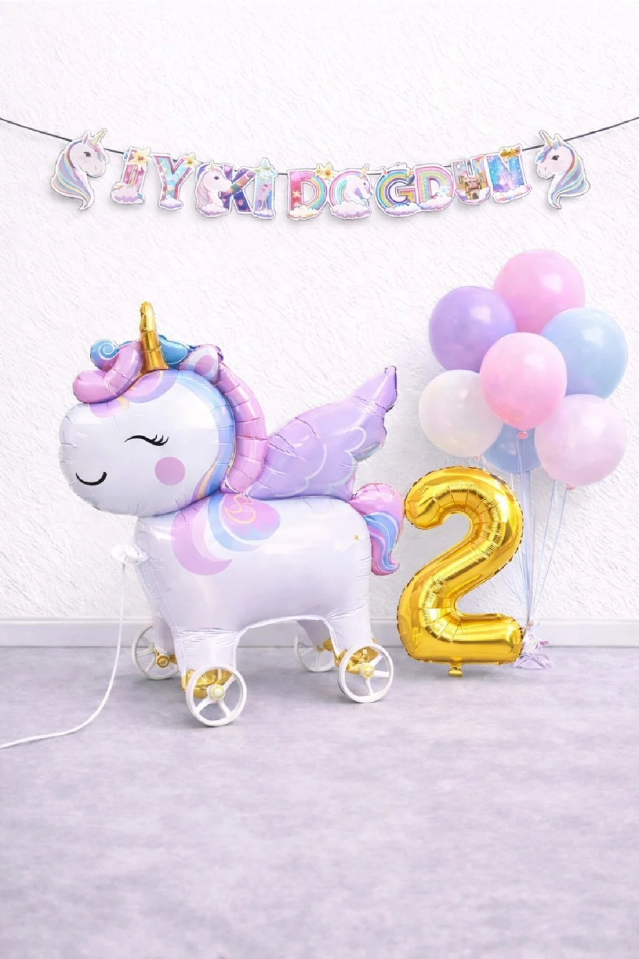 Mini Tekerlekli Unicorn Balonlu Karışık Balonlu Doğum Günü Seti Gold Rakamlı Parti Seti Süsü