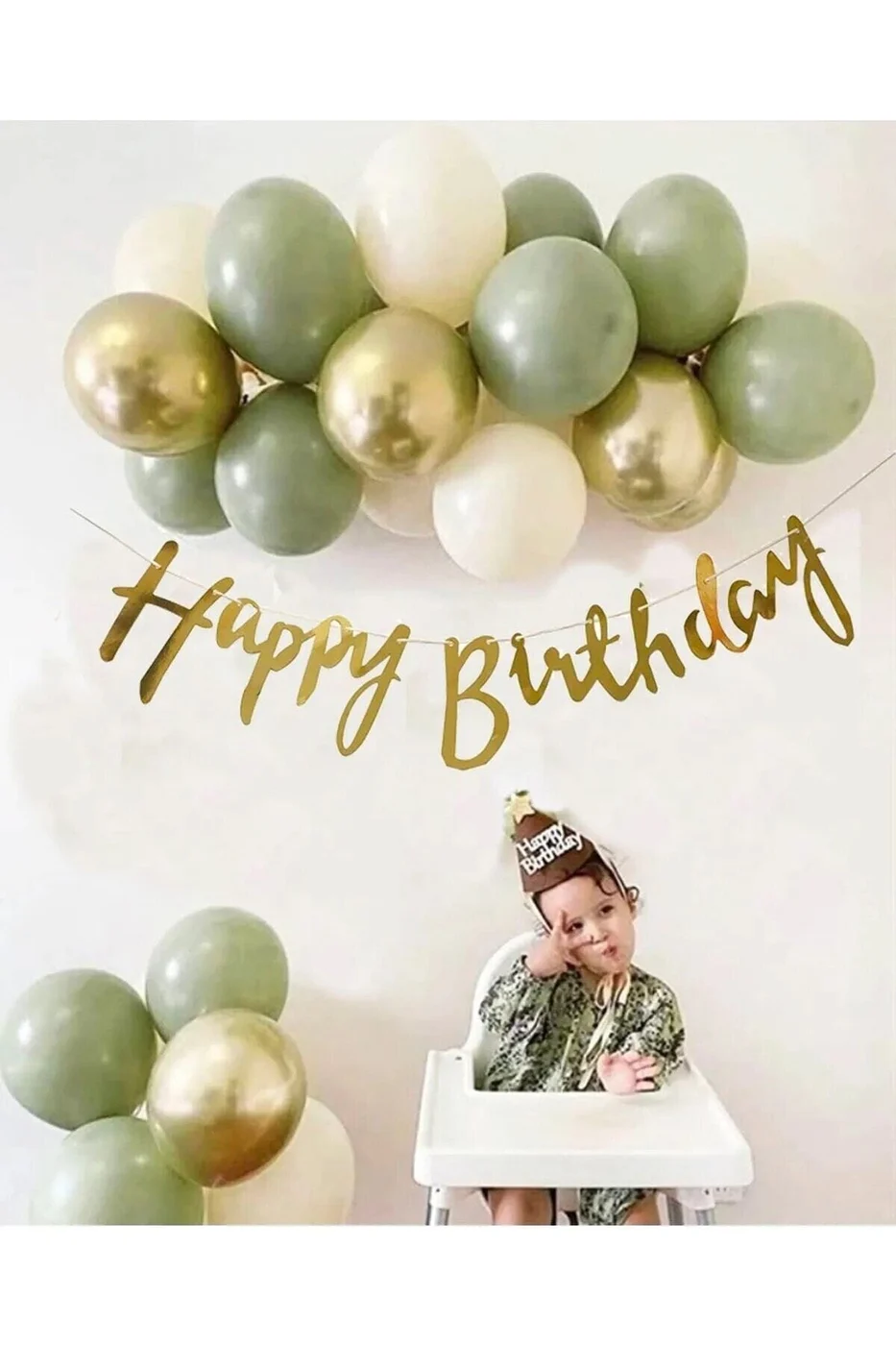 7 Küf Yeşili 3 Krom Gold 3 Kum Rengi Pastel Balon Gold Happy Birthday Banner Mini Zincir Balon Seti