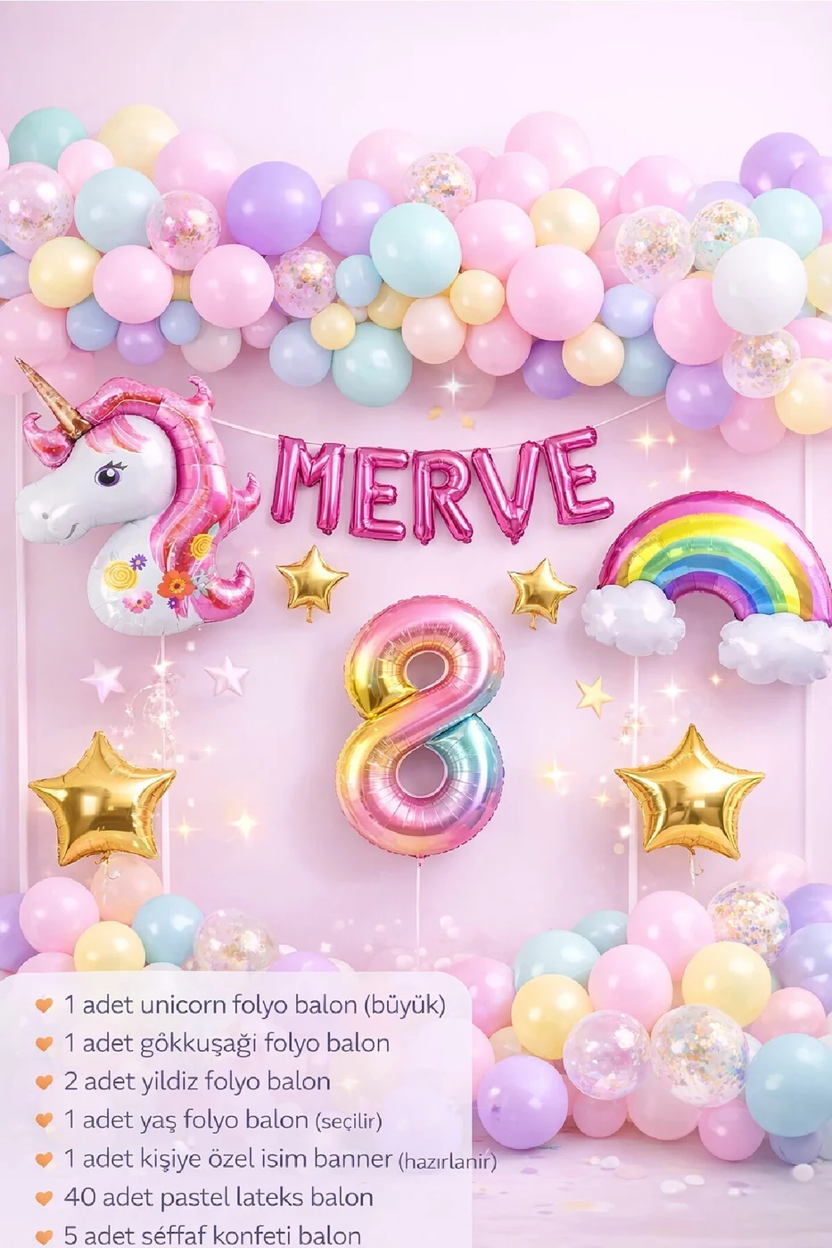5 Harfli Kişiye Özel Unicorn Doğum Günü Süsü Pastel Balon Zinciri Gökkuşağı Unicorn Balon Parti Seti gorsel 2
