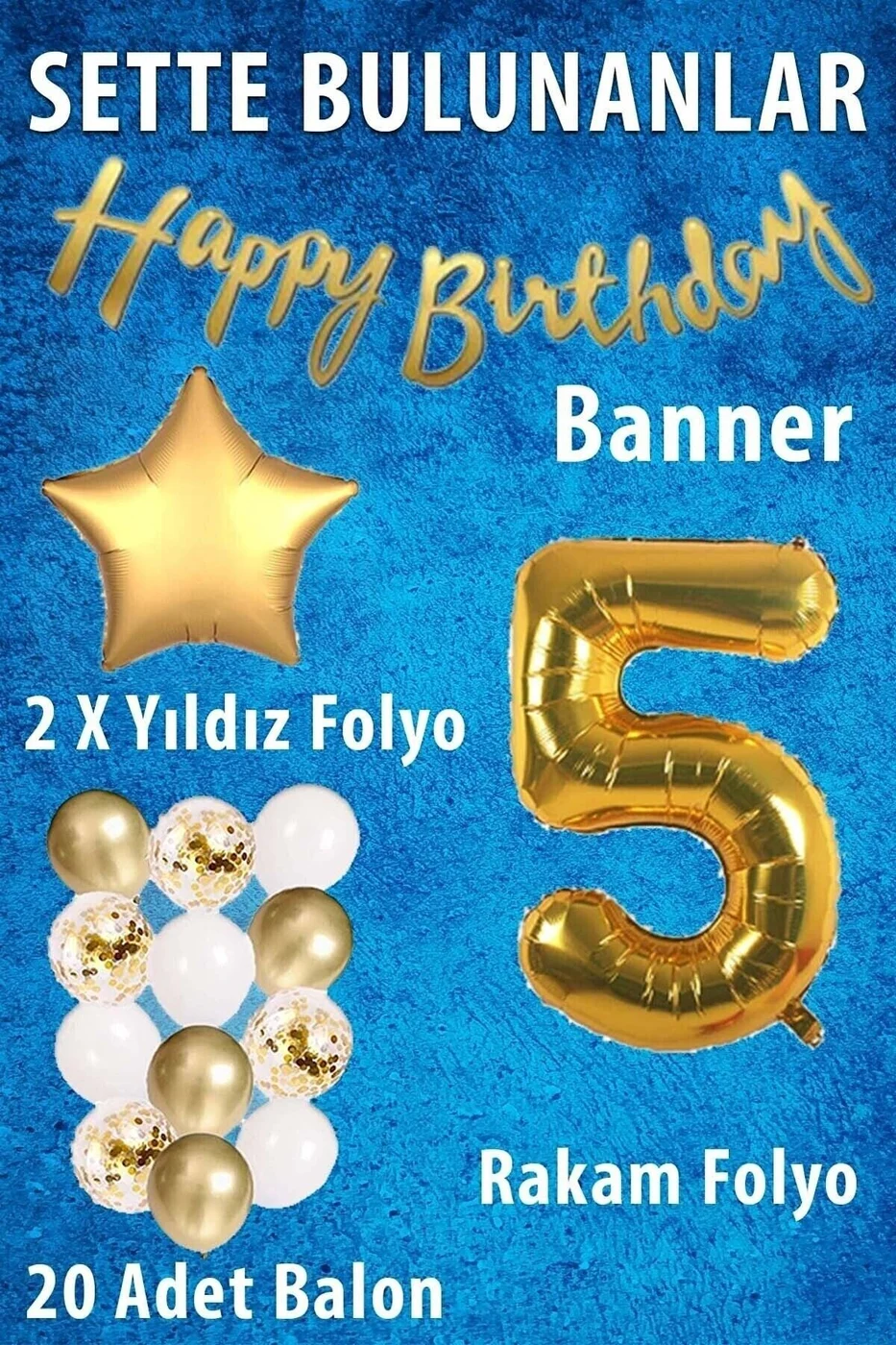 Gold Konsept Doğum Günü Kutlama Seti; Beyaz Gold Konfetili Balon, Rakam Yıldız Folyo Ve Banner gorsel 2