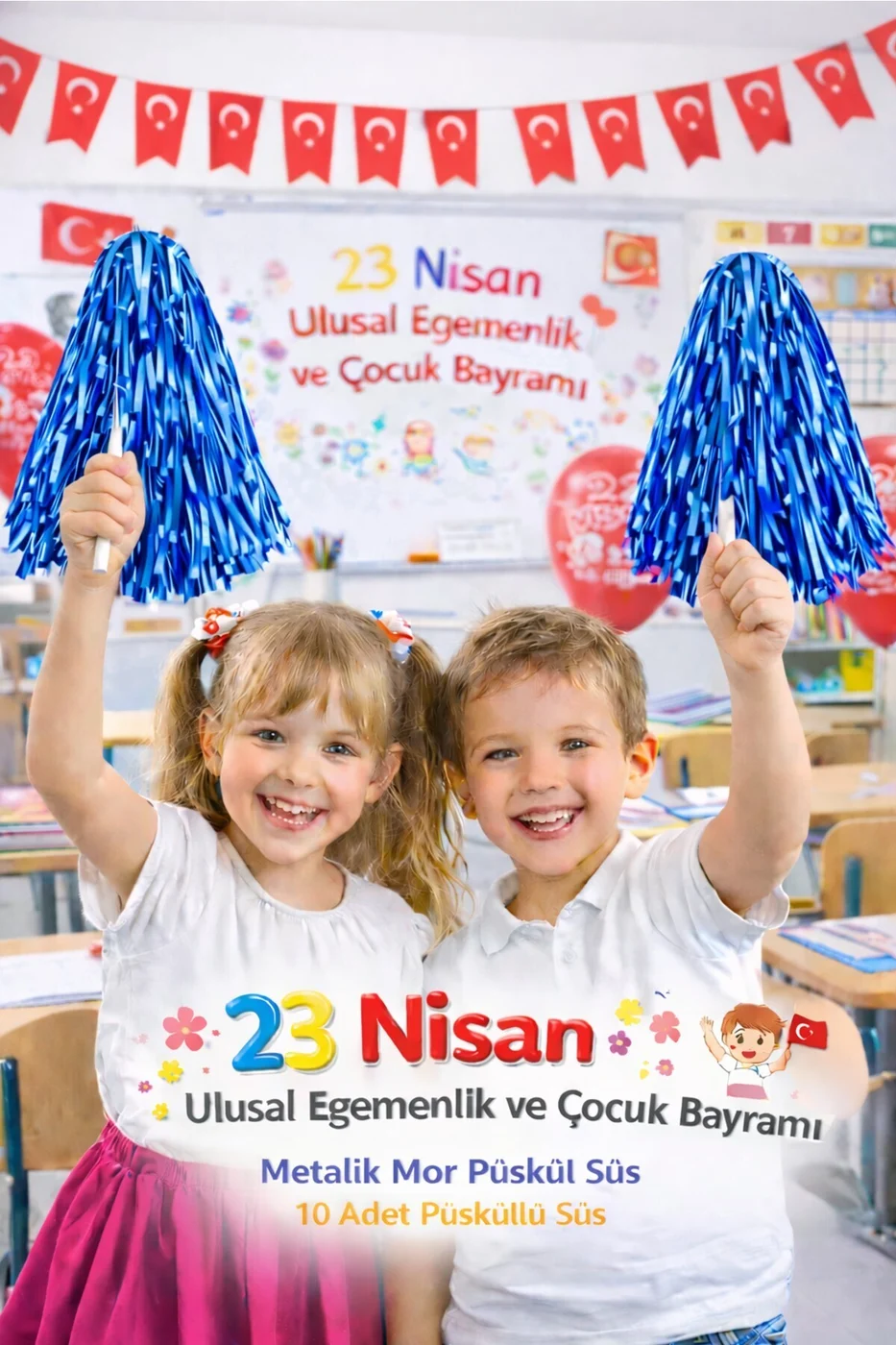 10 Çift 23 Nisan Metalik Püskül Süs – Çocuk Bayramı Parti Dekoru 20 Adet