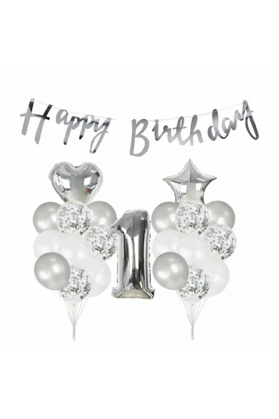 1 Yaş Metalik Gümüş Kaligrafi Happy Bırthday Yazılı Gümüş Konfetili Balon Seti gorsel 3