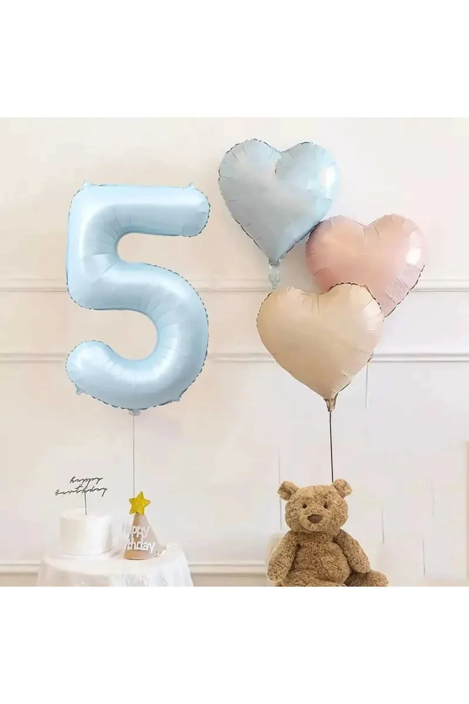 5 Yaş Mavi Rakam Folyo Balon Retro Mavi Pembe Satin Kalp Folyo Balon Doğum Günü Balon Seti gorsel 2