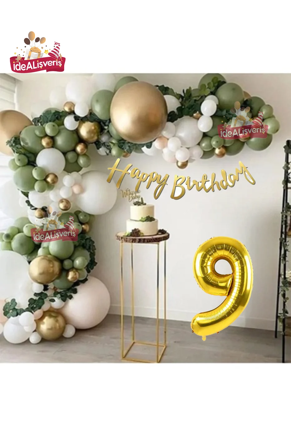 9 Yaş Happy Kaligrafi Yazılı Küf Yeşili Gold Beyaz Balon Zinciri Seti Doğum Günü Parti Seti Süsü gorsel 3