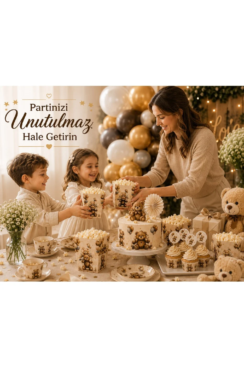 Ayıcık Temalı Mısır Kutusu 8 Adet | Teddy Bear Popcorn Kutusu | Doğum Günü Baby Shower Parti Sunum Kutusu gorsel 4