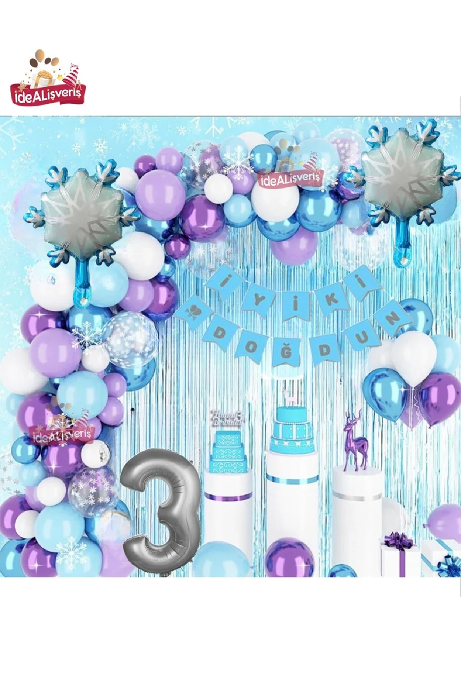 KIZ ÇOCUKLARI İÇİN LÜKS 3 YAŞ FROZEN ELSA TEMALI KAR TANESİ FOLYOLU DOĞUM GÜNÜ PARTİ SETİ SÜSÜ gorsel 5