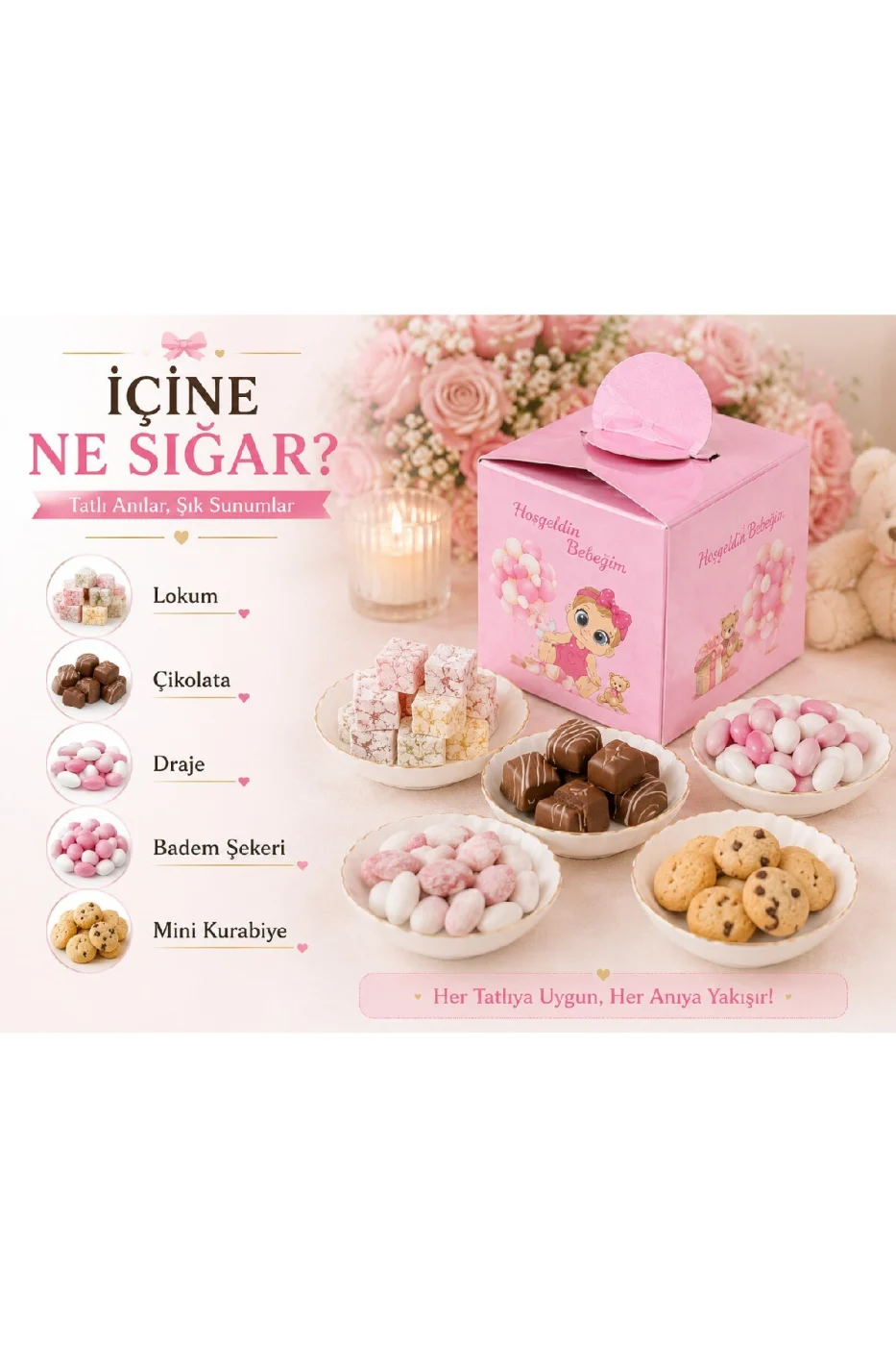 25 Adet Hoş Geldin Bebeğim Lokum Kutusu | Baby Shower Pembe Hediyelik Şeker Kutusu | Premium Karton gorsel 3