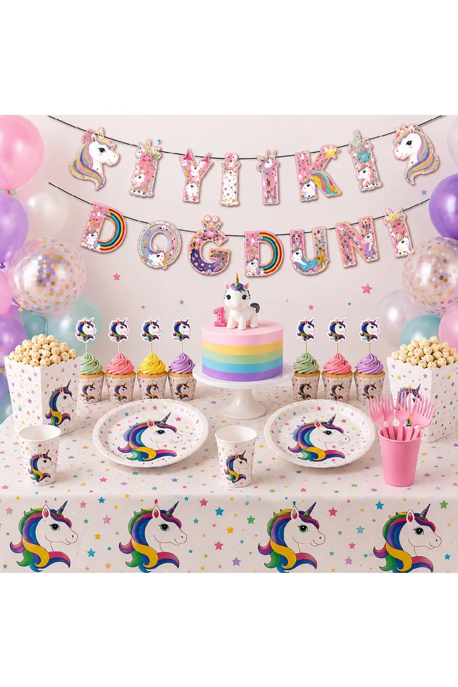 Unicorn Doğum Günü Parti Seti 8 Kişilik Komple Konsept Parti Süsleri Masa Süsleme Seti gorsel 3