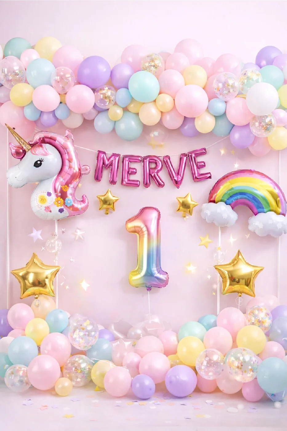 5 Harfli Kişiye Özel Unicorn Doğum Günü Süsü Pastel Balon Zinciri Gökkuşağı Unicorn Balon Parti Seti