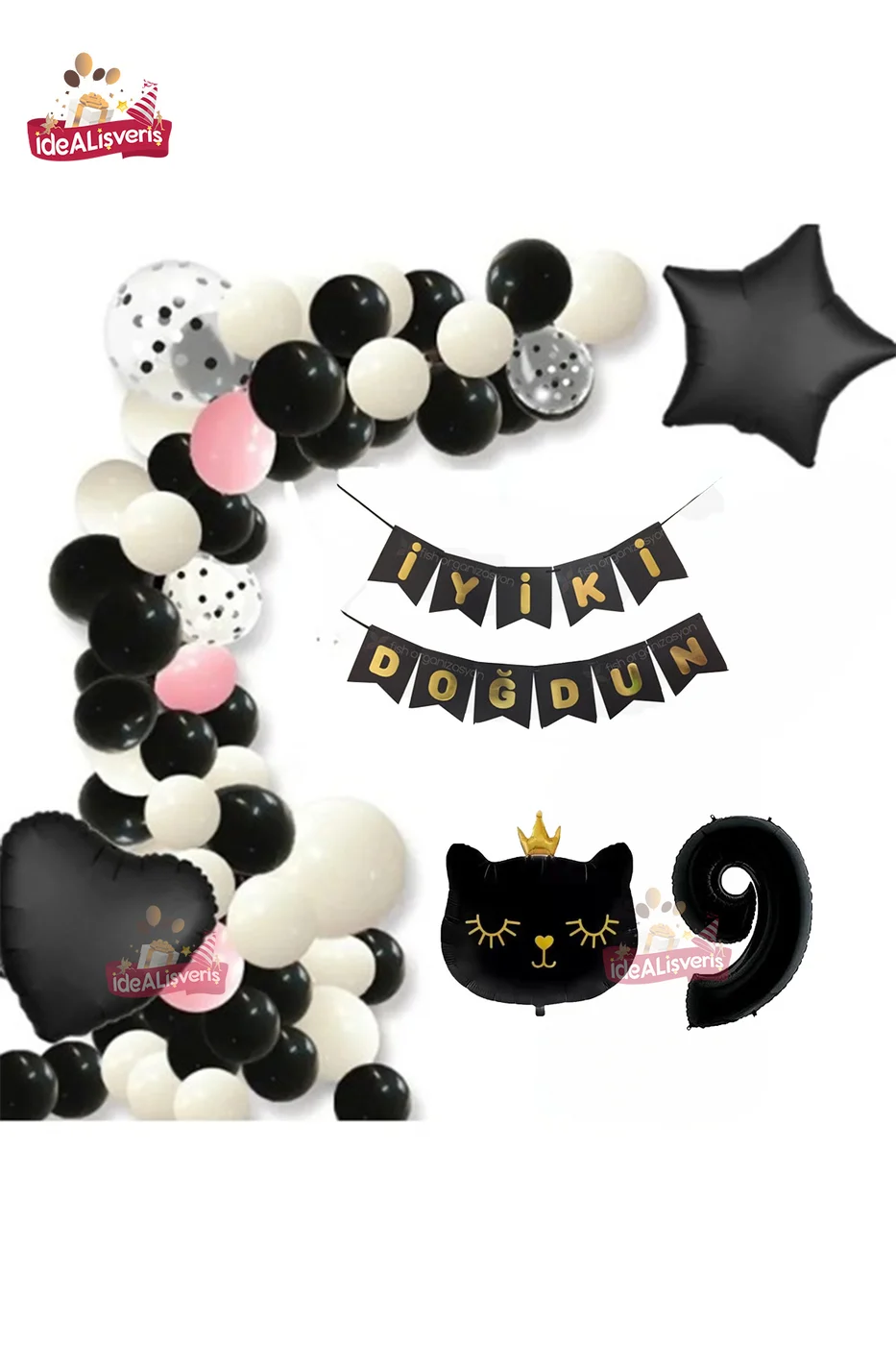 Bannerli 9 Yaş Siyah Kedi Folyolu Kalp Yıldız Siyah Beyaz Konsept Doğum Günü Seti