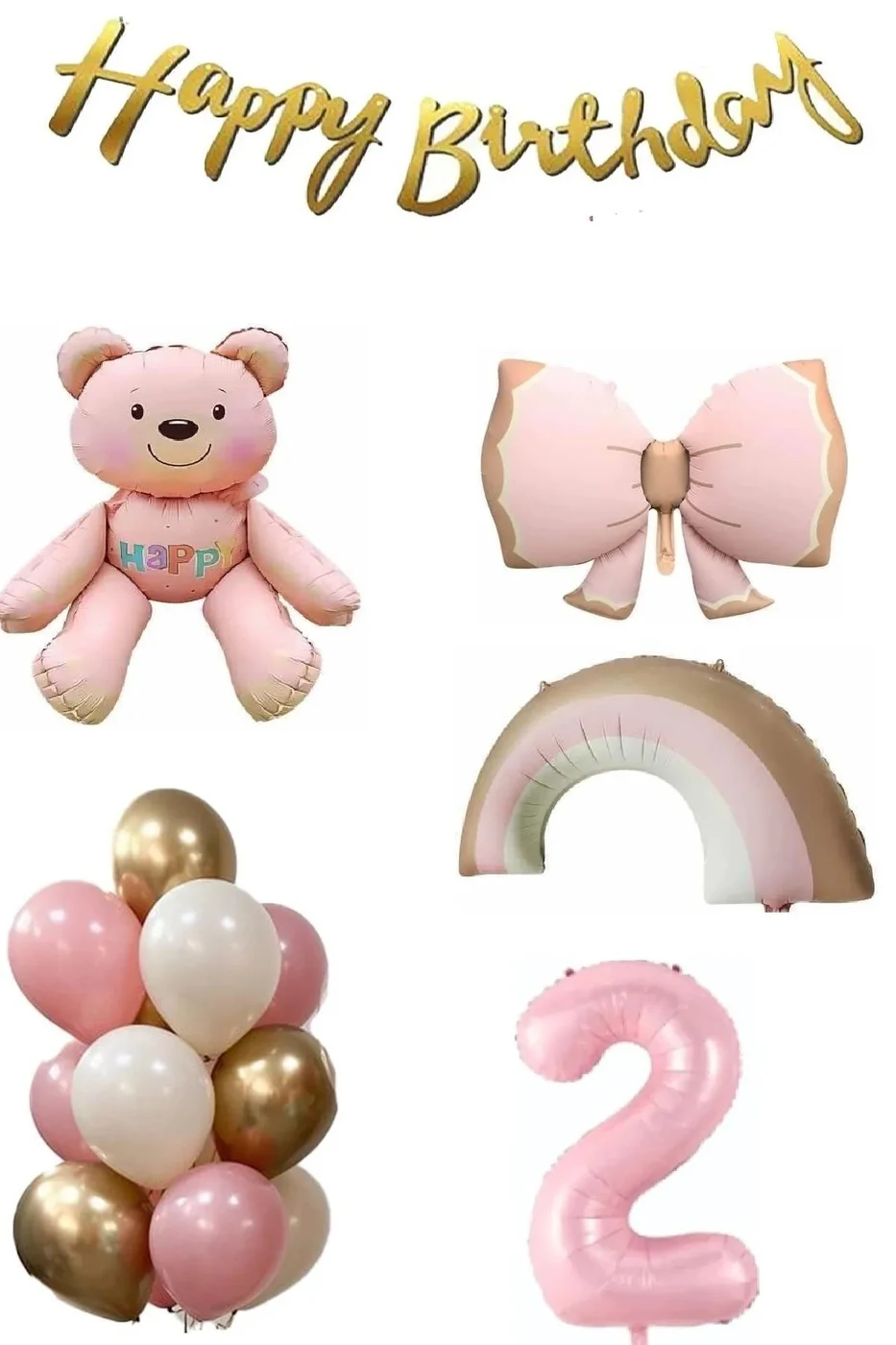 Pembe Ayıcık Yaş Balonlu Gökkuşağı Temalı Kız Bebek Konsept Doğum Günü Parti Seti Süsü gorsel 2