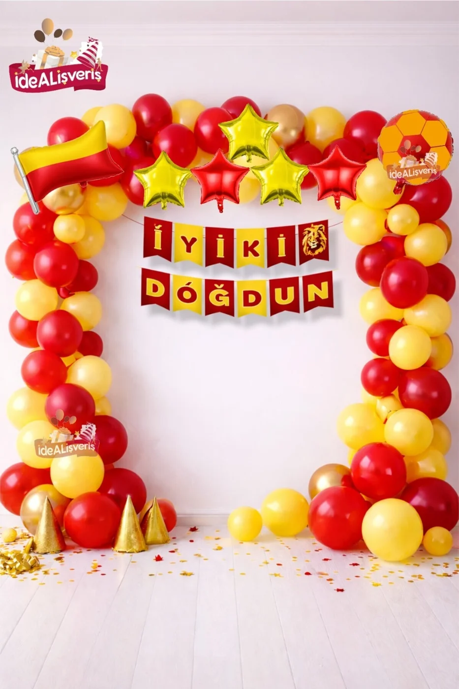 Sarı Kırmızı Bayrak Yıldız Yaş Balonlu İyiki Doğdun Doğum Günü Balon Süsleme Seti Parti Dekorasyonu