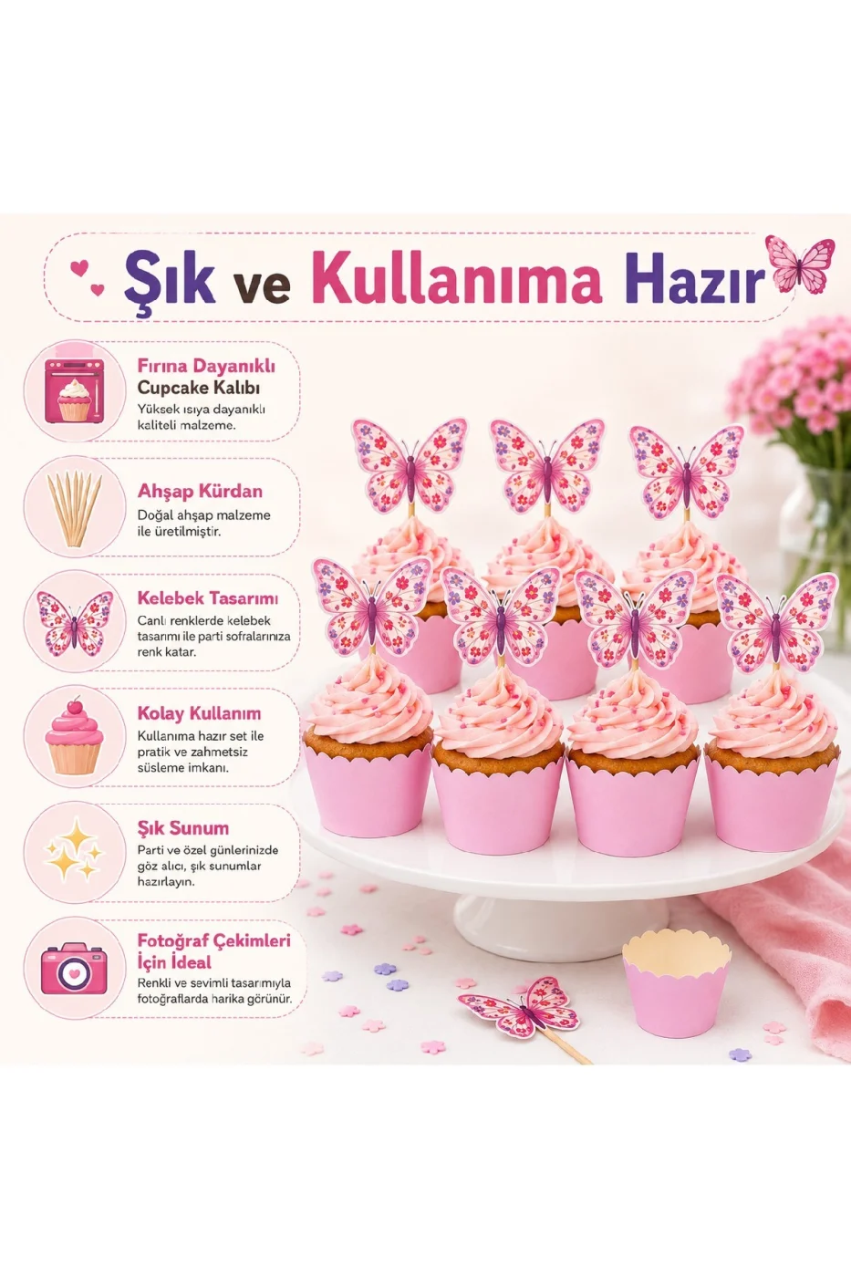 Kelebek Cupcake Süsü ve Cupcake Kalıbı Seti 8+8 Parça | Doğum Günü, Baby Shower, Diş Buğdayı Parti Malzemesi gorsel 4