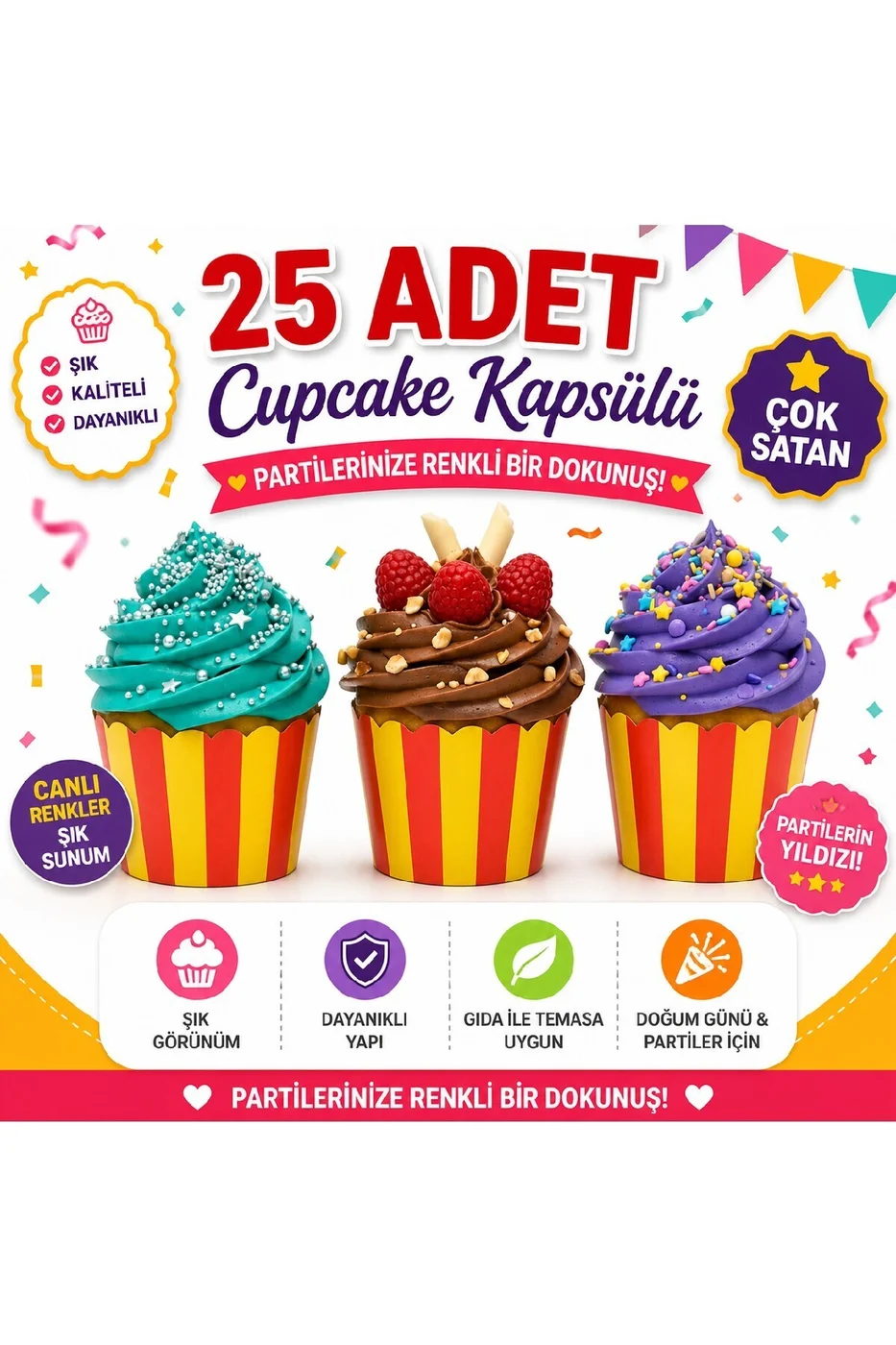 Temalı Desenli Cupcake Kapsülü 25’li – Şık Parti Muffin Kağıdı