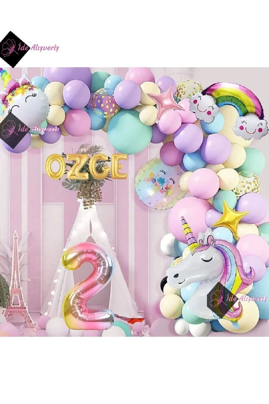 4 Harfli 2 Yaş Gökkuşağı Konsepti Unicorn Temalı Makaron Balon Doğum Günü Parti Kutlama Seti
