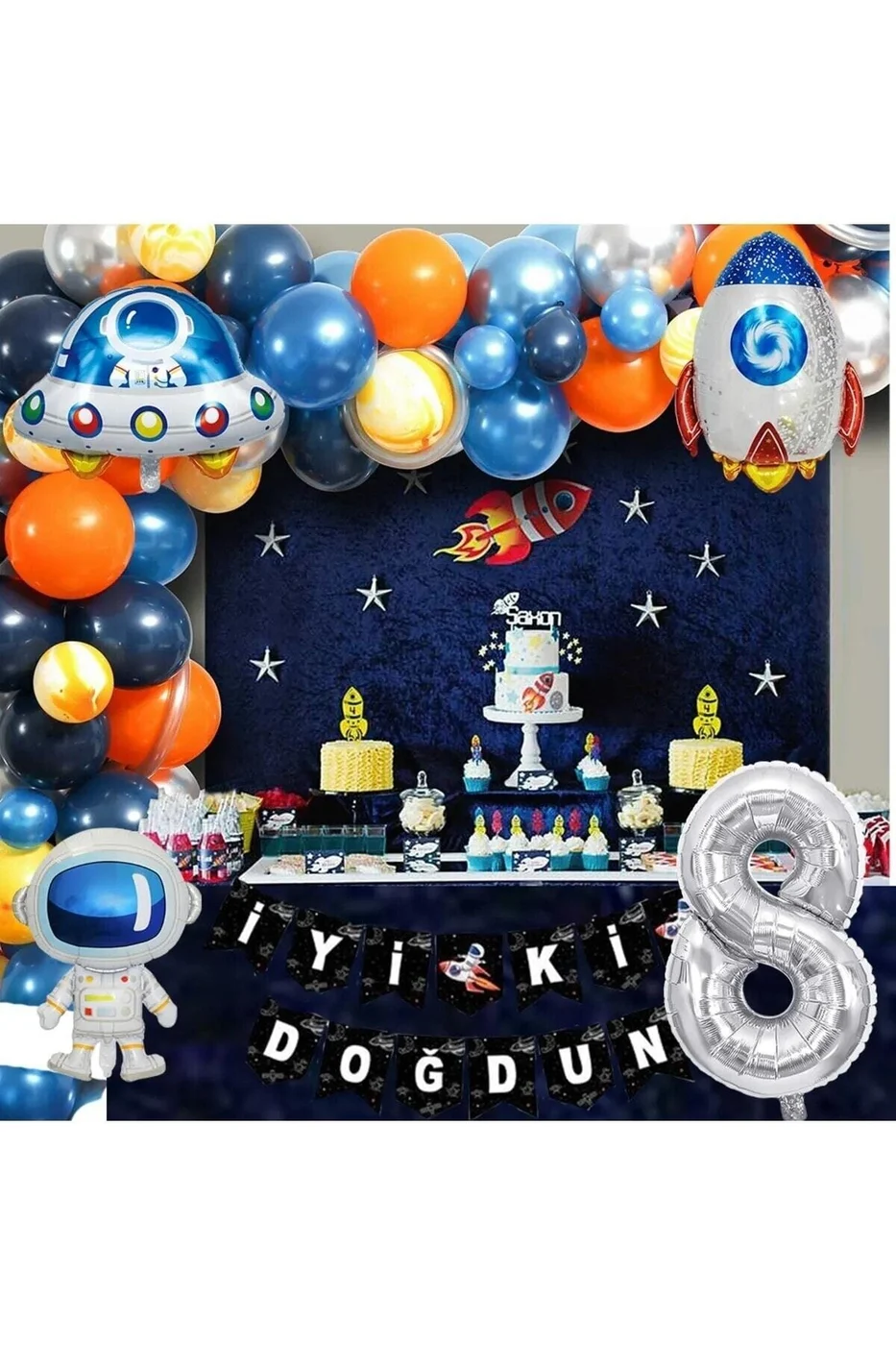 Uzay Temalı Doğum Günü Seti 8 Yaş 4 Adet Folyo, 50 Lateks Balon, Banner, Balon Zinciri, Balon Bandı gorsel 4