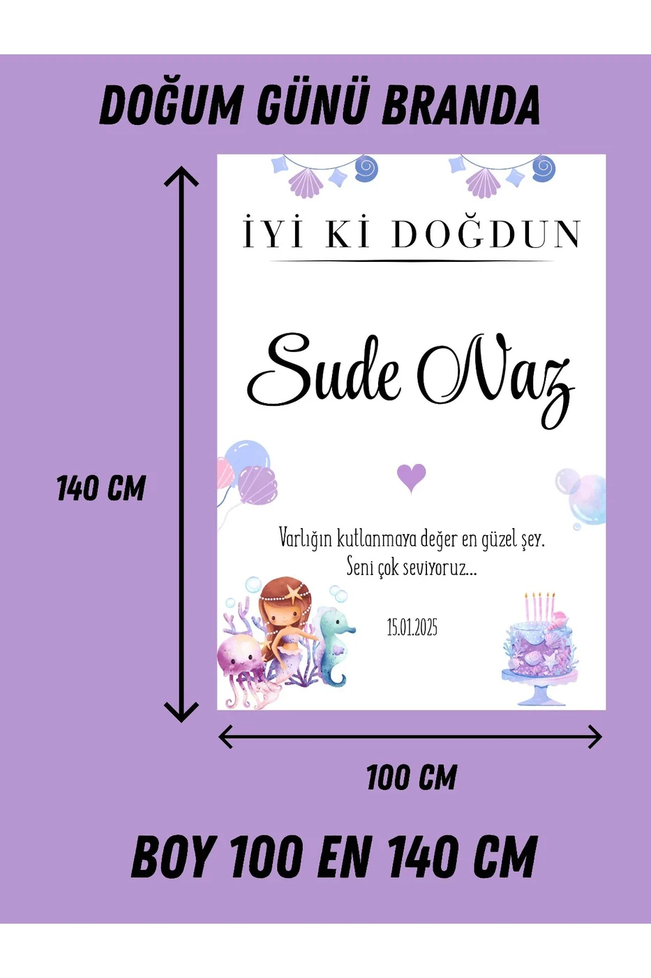 İsme Özel Deniz Kızı & Deniz Atı Temalı Premium Doğum Günü Parti Seti Süsü Branda Dahil gorsel 2