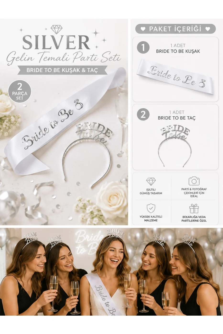 Bride To Be Gold Gümüş Kuşak ve Taç Seti | Bekarlığa Veda Parti Aksesuarı | Gold Gümüş Gelin Tacı ve Saten Kuşak | Bridal Shower Organizasyon Süsü gorsel 6