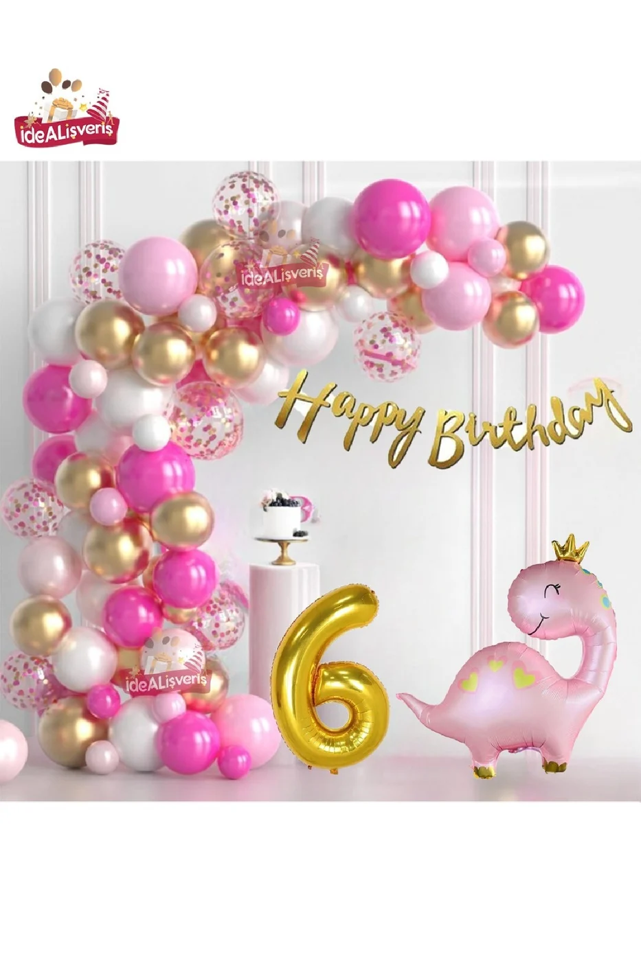 Lüks Pembe Dinozor  Yaş Folyo Balonlu Pembe Gold Beyaz Doğum Günü Parti Seti Süsü