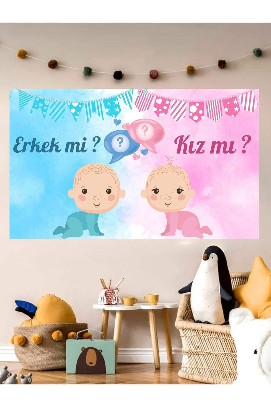 Erkek Mi Kız mı Cinsiyet Temalı Özel Cinsiyet Afişi Arka Fonu 60x100 Vinil Branda Pankart Süsü gorsel 3