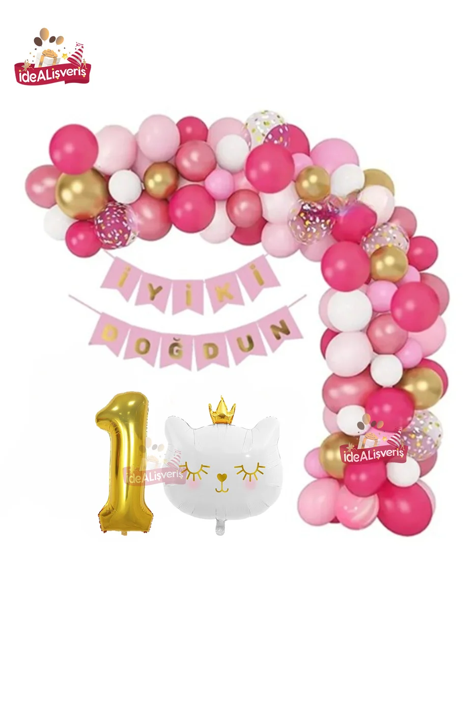 Bannerli Beyaz Kedi 1 Yaş Gold Folyo Balonlu Pembe Gold Beyaz Doğum Günü Parti Seti
