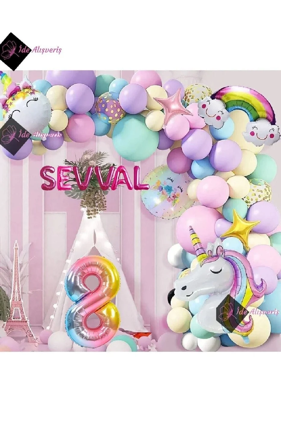 6 Harfli 8 Yaş Gökkuşağı Konsepti Unicorn Temalı Makaron Balon Doğum Günü Parti Kutlama Seti