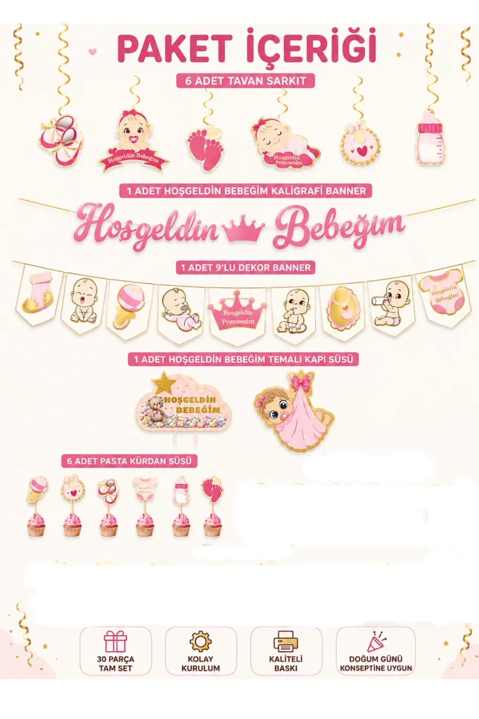 Hoşgeldin Bebeğim Pembe Bebek Parti Süsleme Seti - Kapı Süsü, Banner, Tavan Sarkıt ve Cupcake Figürlü Doğum Günü Seti gorsel 4