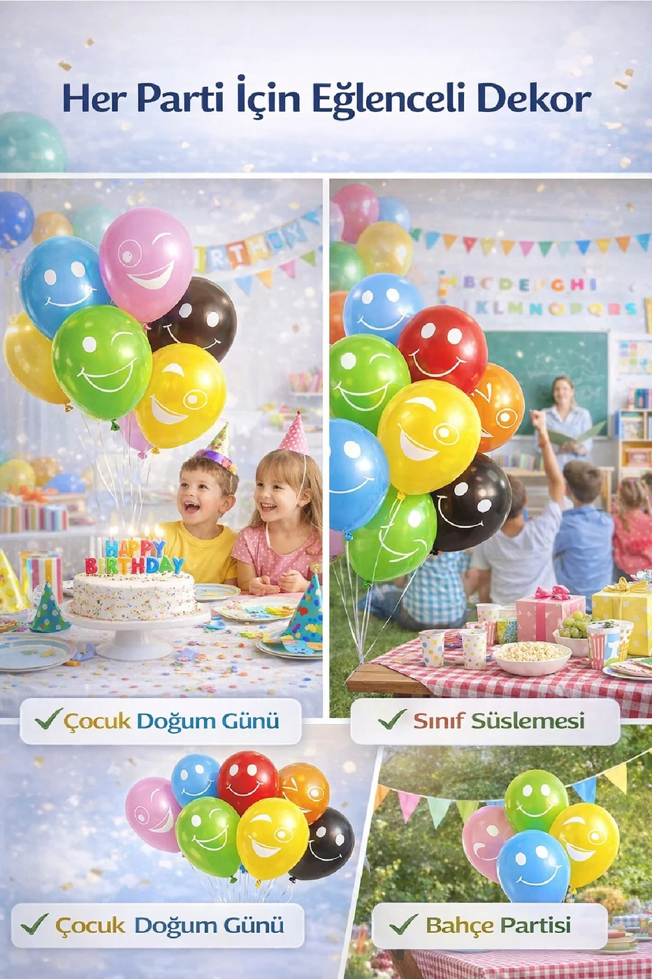 10'lu Gülen Emoji Balon Seti – Renkli Latex Doğum Günü Parti Balonları (11 İnç) gorsel 3