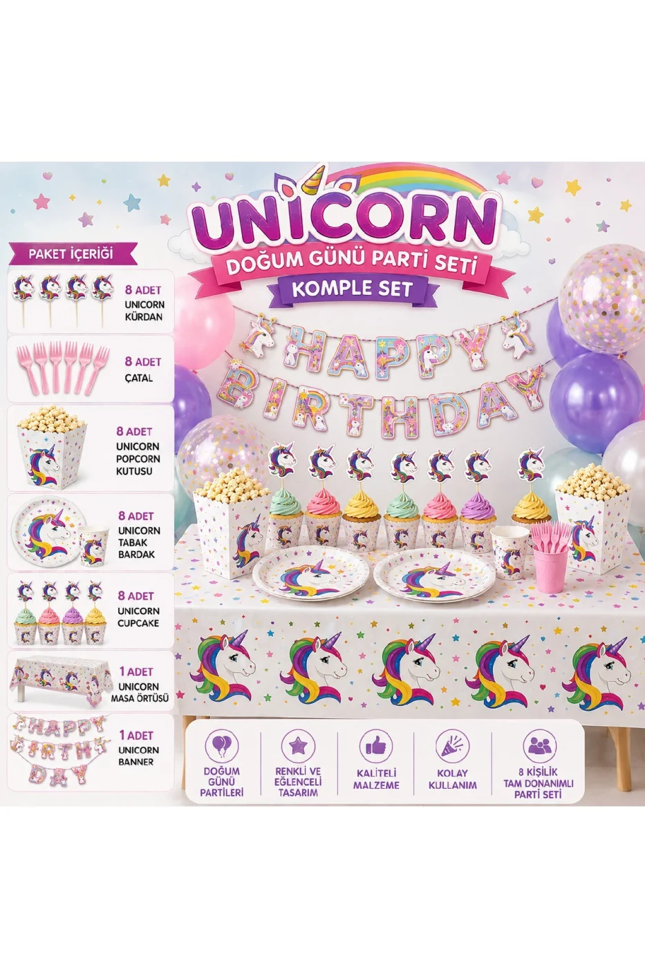 Unicorn Doğum Günü Parti Seti 8 Kişilik Komple Konsept Parti Süsleri Masa Süsleme Seti gorsel 7