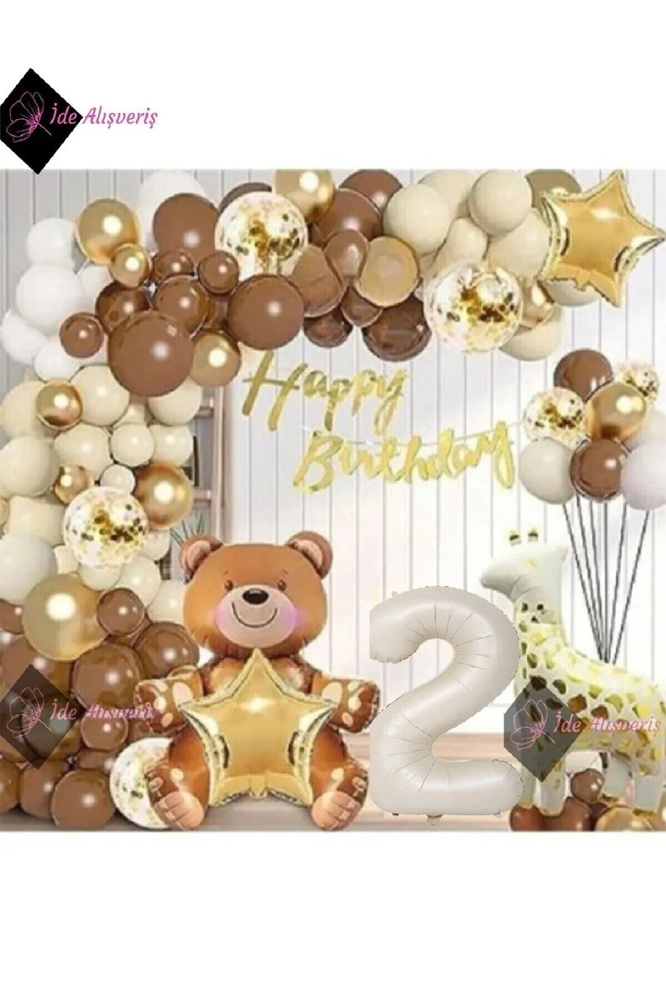 AYICIK ZÜRAFA TEMALI FOLYO BALONLU , KREM 2 YAŞ DOĞUM GÜNÜ PARTİ SETİ BALON SETİ gorsel 4