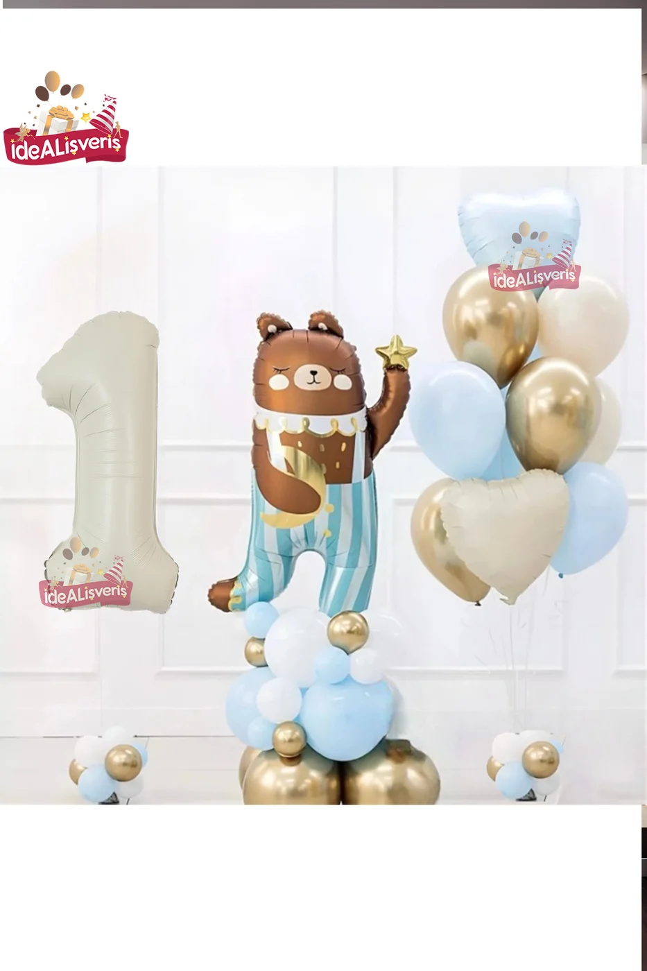 SEVİMLİ TEDDY BEAR AYI FOLYOLU 1 YAŞ KREM FOLYOLU DOĞUM GÜNÜ PARTİ SETİ SÜSÜ gorsel 3
