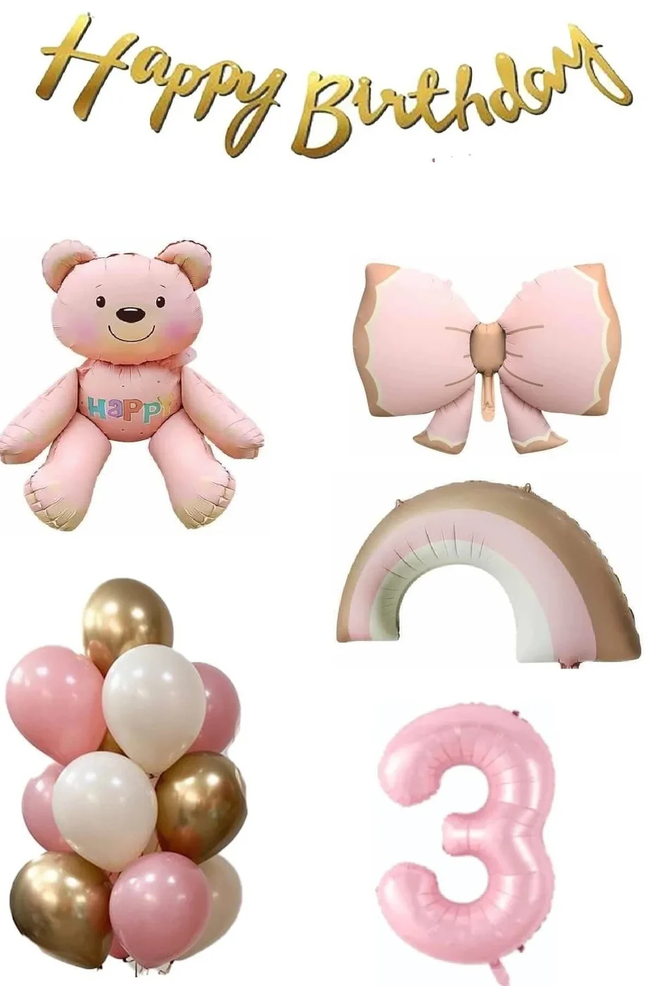 Pembe Ayıcık Yaş Balonlu Gökkuşağı Temalı Kız Bebek Konsept Doğum Günü Parti Seti Süsü gorsel 2
