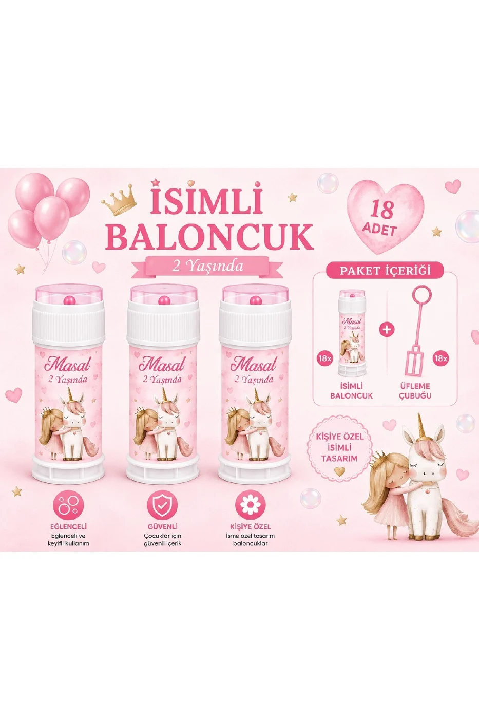 Kişiye Özel İsimli Köpük Baloncuk 18 Adet Prenses ve Unicorn Temalı Doğum Günü Parti Hediyeliği Kız Konsept gorsel 3