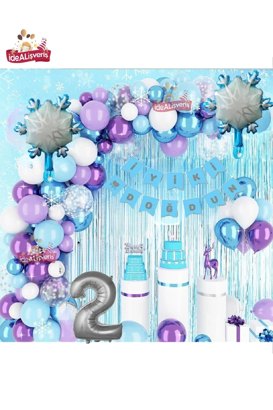 KIZ ÇOCUKLARI İÇİN LÜKS FROZEN ELSA TEMALI KAR TANESİ FOLYO BALONLU DOĞUM GÜNÜ PARTİ SETİ SÜSÜ