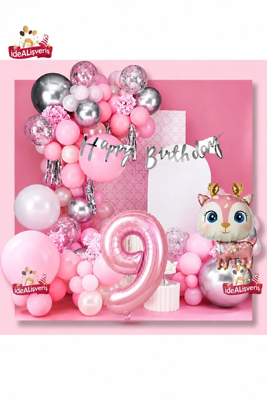 Kız Çocukları İçin Pembe Geyik Doğum Günü Süsü Seti 1-9 Yaş Pembe Balon Zinciri Happy Birthday Banner Parti Konsepti Seti