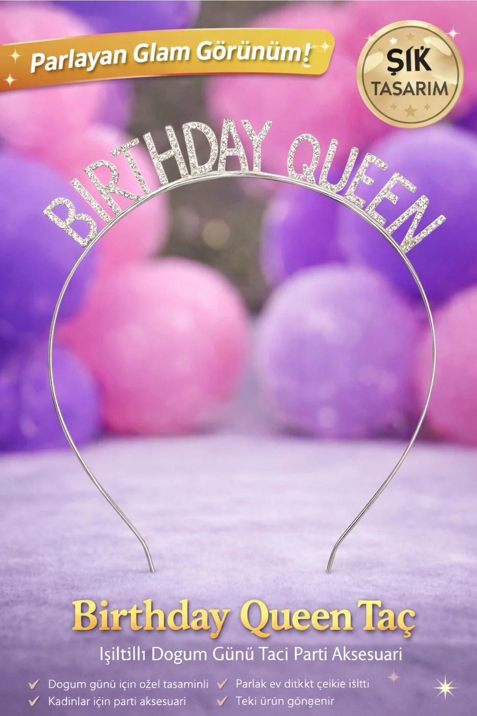 Metal Birthday Queen Taç & Kuşak Seti – Gold Gümüş Doğum Günü Aksesuarı (2’li Set) gorsel 4