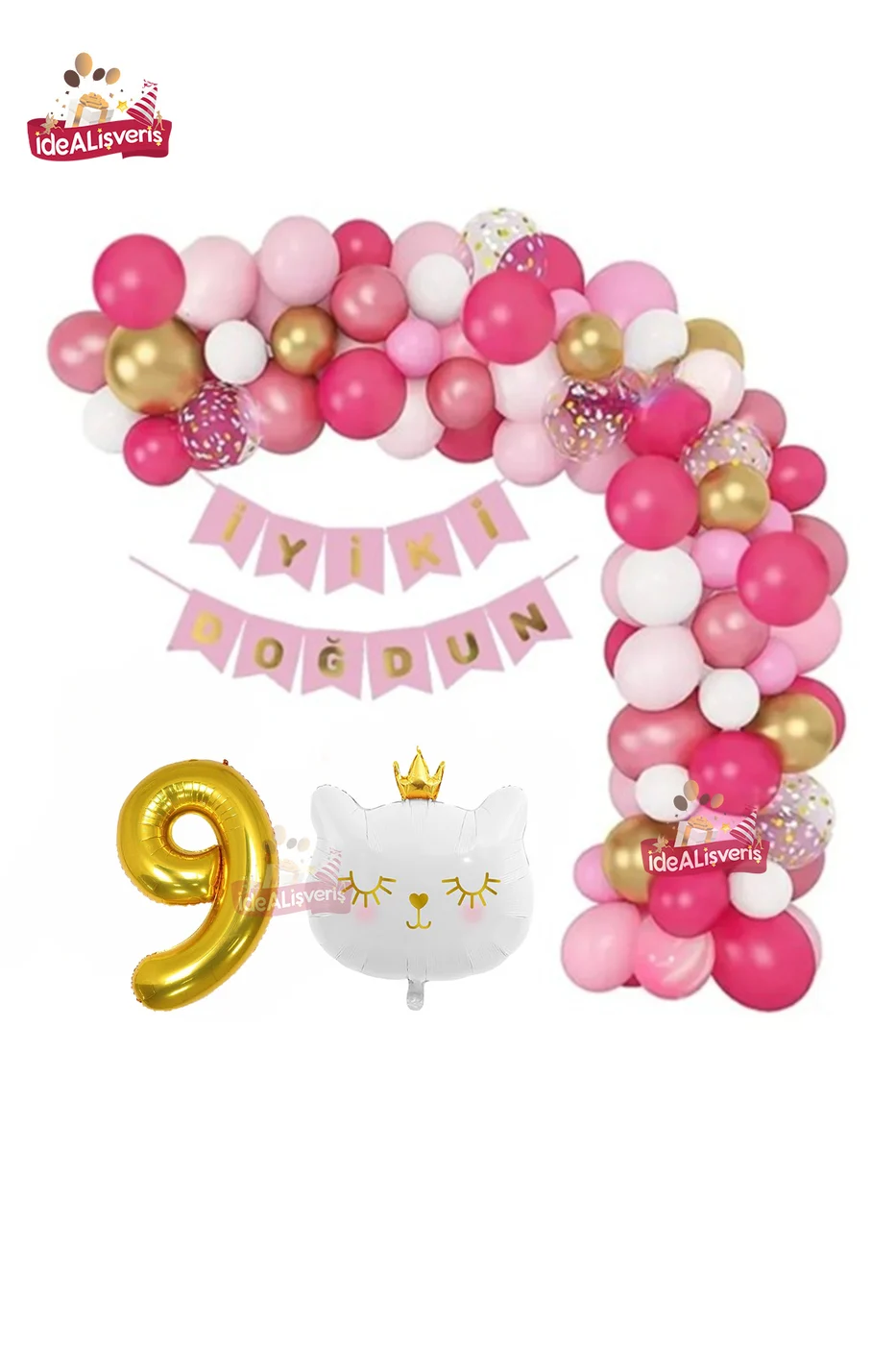Bannerli Beyaz Kedi 9 Yaş Gold Folyo Balonlu Pembe Gold Beyaz Doğum Günü Parti Seti