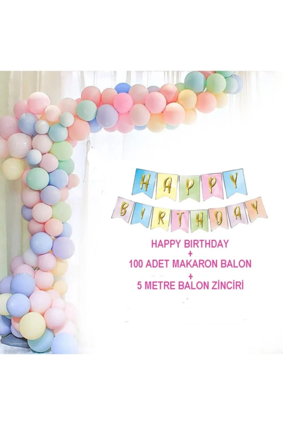 Karışık Makaron Pastel Balon Seti Happy Bırthday Yazısı Makaron 5 Metre Balon Zinciri gorsel 2