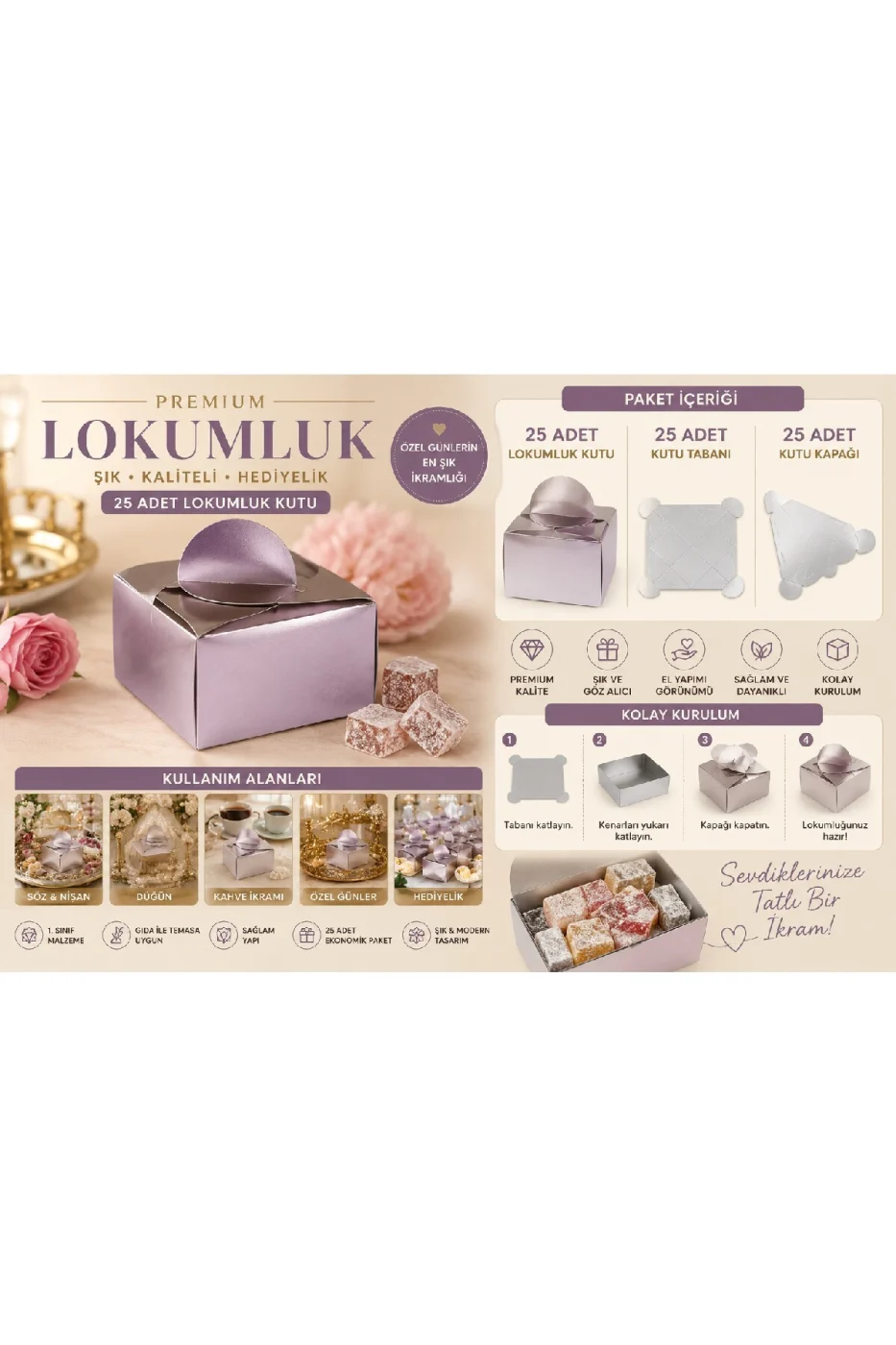 25 Adet Gold Gümüş Lokumluk Kutusu | Söz Nişan Düğün Mevlit Hediyelik Karton Lokum Kutusu | Premium Gold Gümüş gorsel 6