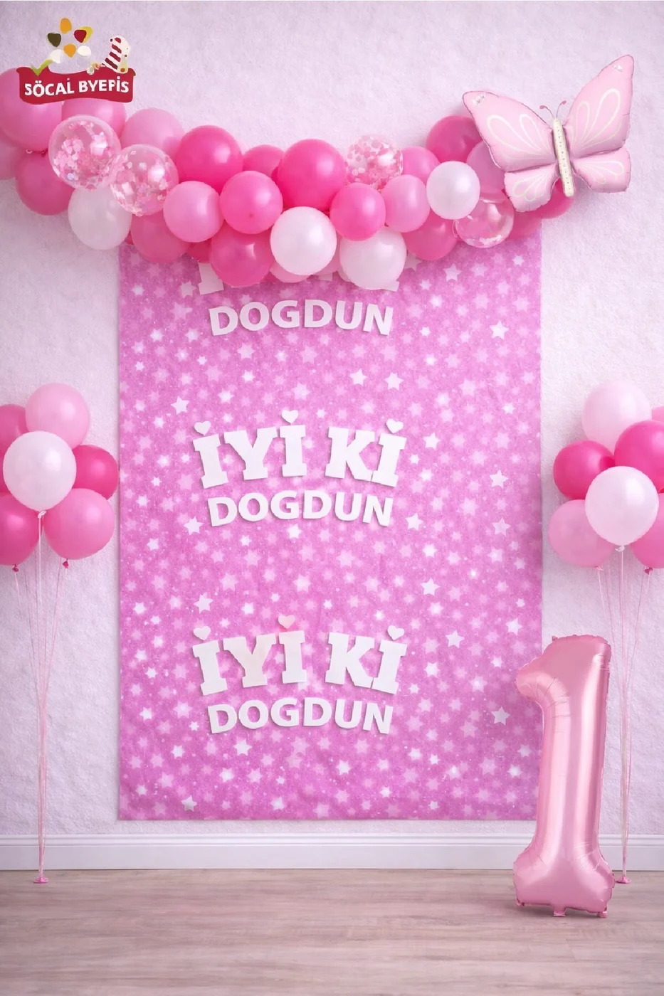 Retro Kelebekli Pembe Yaş Balonlu İyi Ki Doğdun Baskılı Arkafon Doğum Günü Parti Seti Süsü