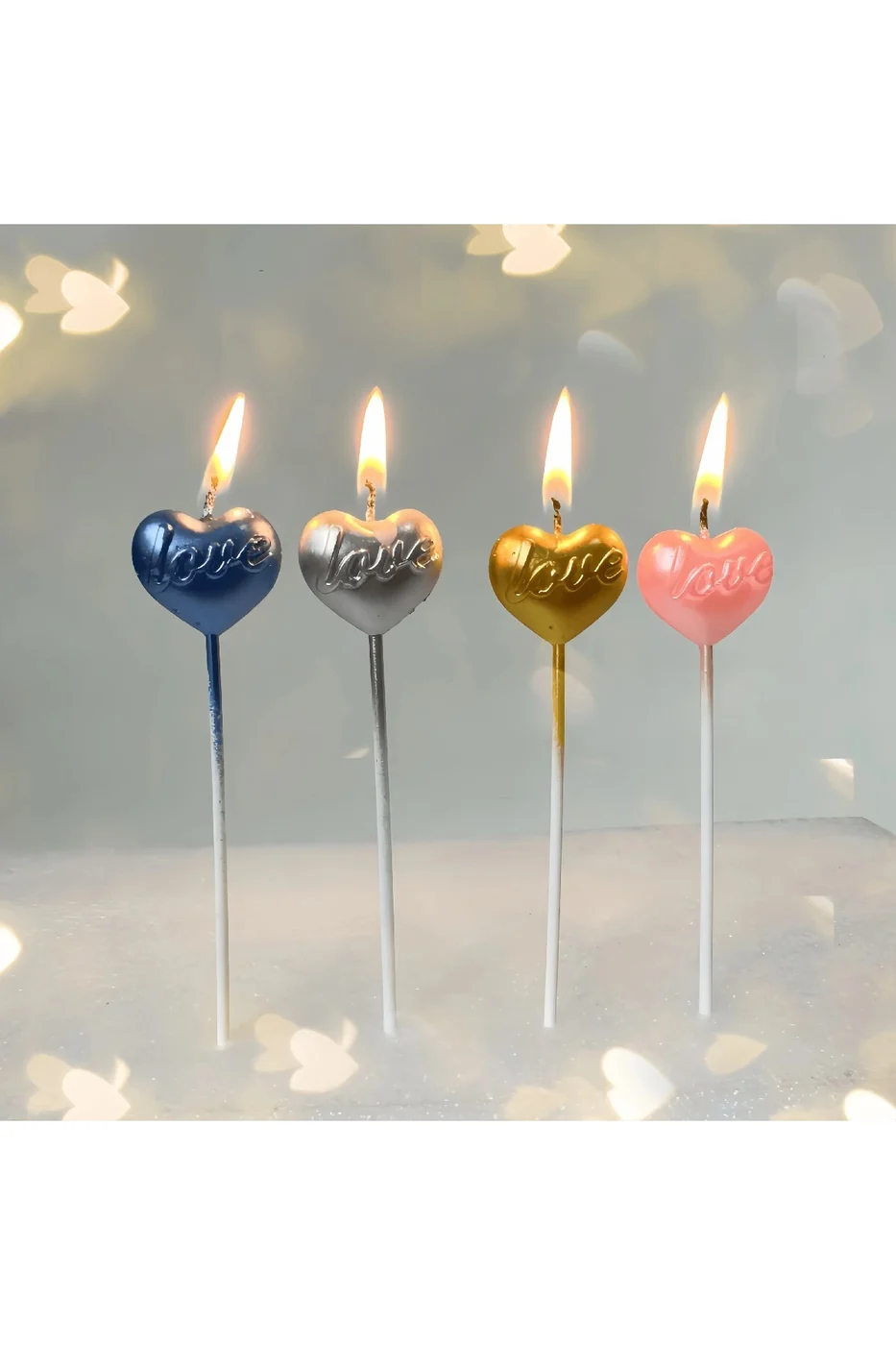 DOĞUM GÜNÜ MUMLAR 4 LÜ ÇUBUKLU LOVE KALP RENKLİ MUM AŞK ŞEKİLLİ MUMLAR gorsel 3